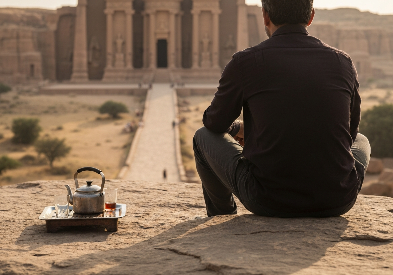 A view from behind a person sitting on a flat rock, looking out towards a path winding upwards towards a distant, monumental carved structure (like the Monastery or High Place of Sacrifice). In the foreground, a small, simple tea stand with a few glasses and a kettle is visible. The overall impression is one of quiet contemplation and stillness, capturing a moment of pause rather than a grand vista. The light is warm and diffused, suggesting late afternoon