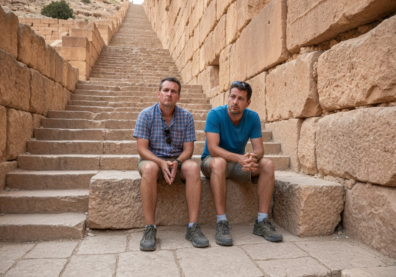 A candid shot of two tourists, one of them a man with a tired but thoughtful expression, sitting on a rough stone bench halfway up a steep, ancient staircase. They are not posing, but appear to be resting and catching their breath. The worn stone steps and the sheer scale of the ascent are evident, with a hint of the Jordanian landscape in the background. The lighting is natural, perhaps late afternoon, with some harsh shadows