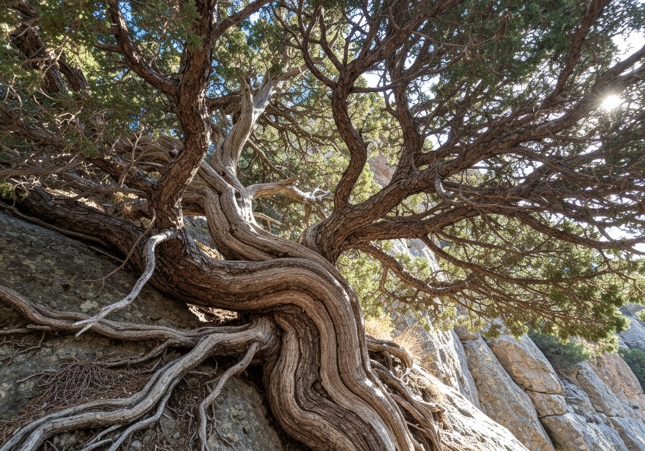 A close-up shot of a weathered, ancient juniper tree with twisted branches, its roots clinging to a rocky cliffside. Sunlight filters through its sparse foliage, casting dappled shadows. The image has a slightly shaky, handheld feel, as if taken spontaneously with a smartphone. Focus is on the texture of the bark and the raw beauty of the tree's resilience