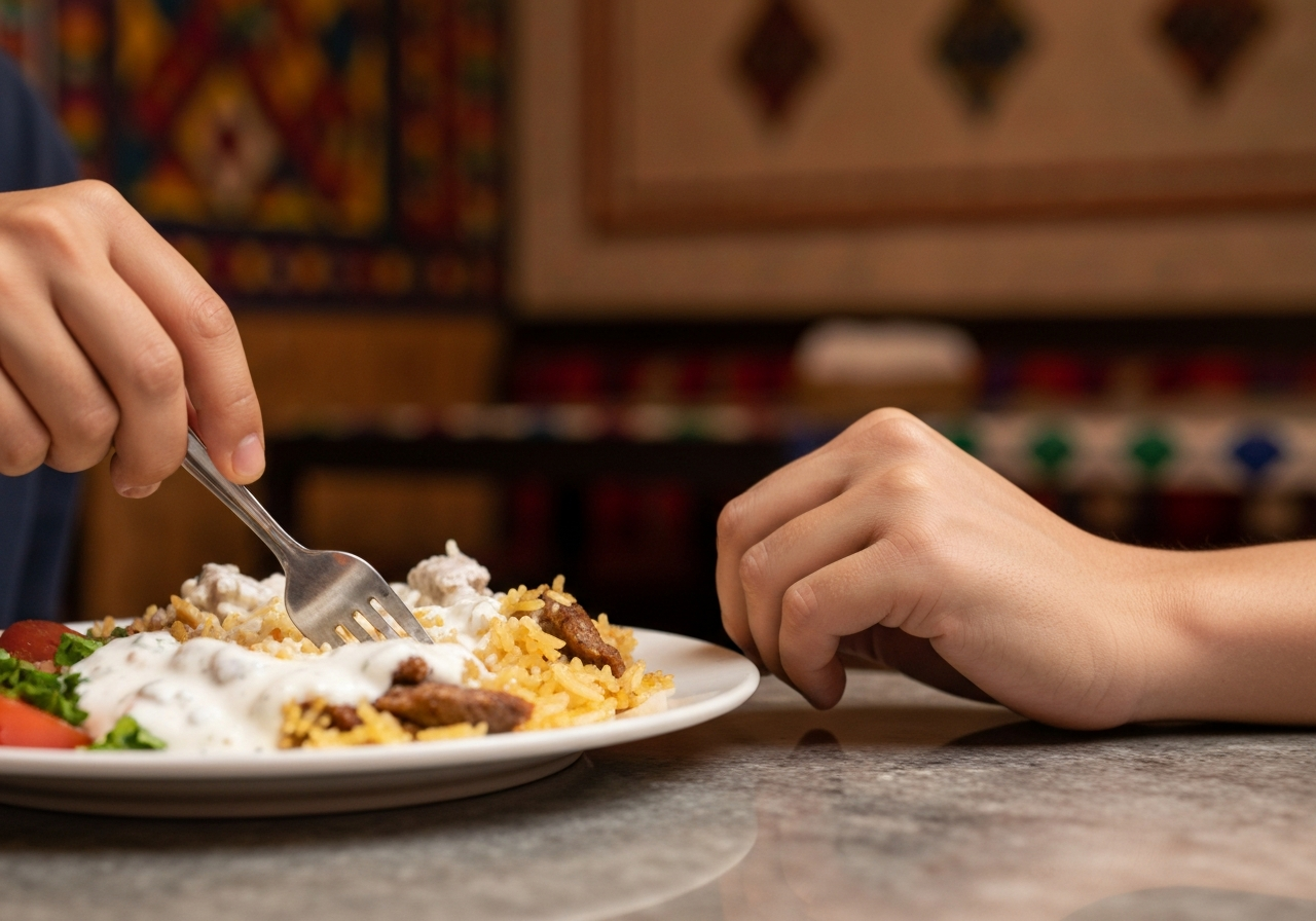 Close-up, unposed photo of hands on a table in a traditional Middle Eastern restaurant. One hand is gently mixing rice, meat, and yogurt sauce with a fork (or perhaps fingers, if that feels more authentic), while another hand rests on the table, suggesting a moment of paused contemplation. The background is slightly out of focus, showing hints of vibrant decor