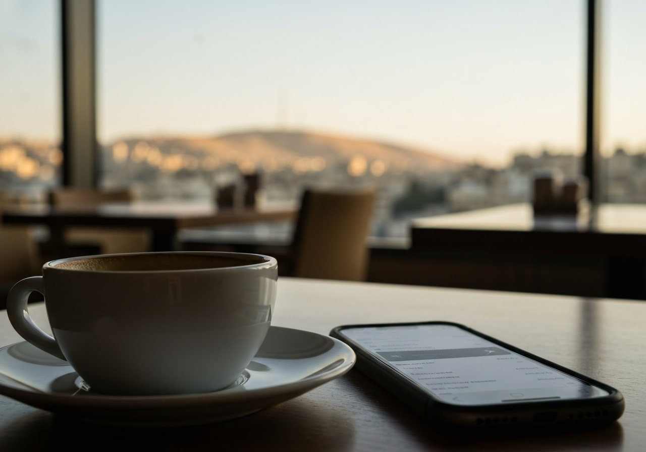 A slightly blurry, natural-light shot taken from a hotel restaurant table in Amman. The focus is on a half-empty coffee cup and a smartphone displaying flight search results, with a hint of the morning sun illuminating distant city hills through a large window in the background. The scene feels candid and contemplative