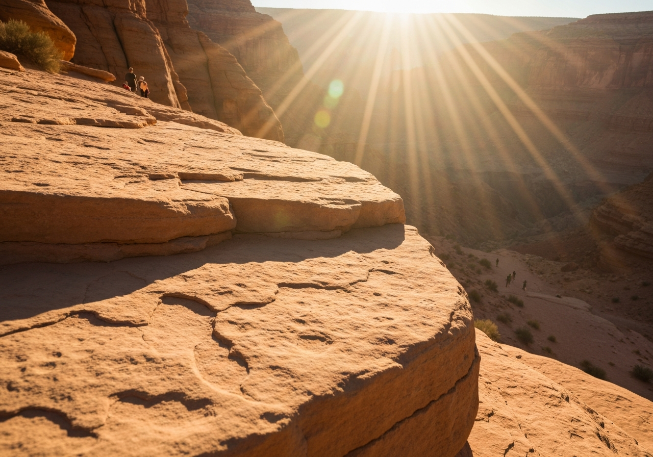 A close-up, slightly tilted shot taken with a smartphone of a worn, cracked sandstone step carved into a rock face, with a hint of a vast, sun-drenched canyon and a few other distant, tiny figures visible in the background. The lighting is harsh and natural, with dust motes catching the light