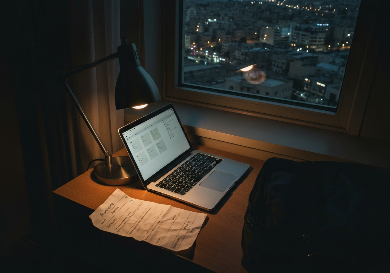 Overhead shot of a hotel desk lamp casting a warm, focused glow on an open laptop and a partially filled packing list, with the muted, dark cityscape of Amman visible through a window in the background. Shot on a smartphone, slightly angled, with a hint of lens flare