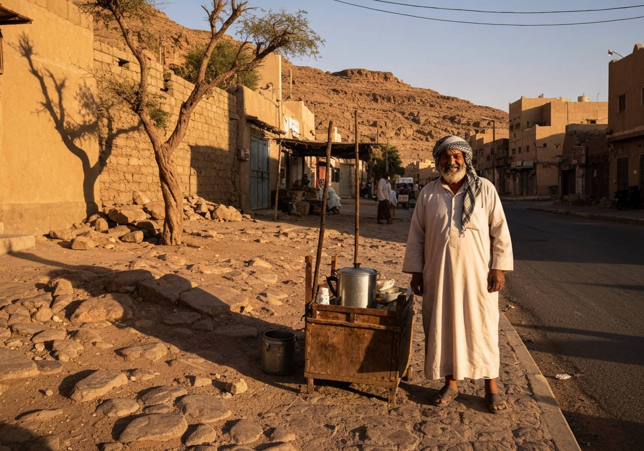 A candid, slightly out-of-focus photo captured on a smartphone of a humble, makeshift tea stand on a rocky path, with a weathered, smiling Bedouin man offering a small glass of tea. Twisted, resilient desert trees are visible clinging to the rocky terrain in the background