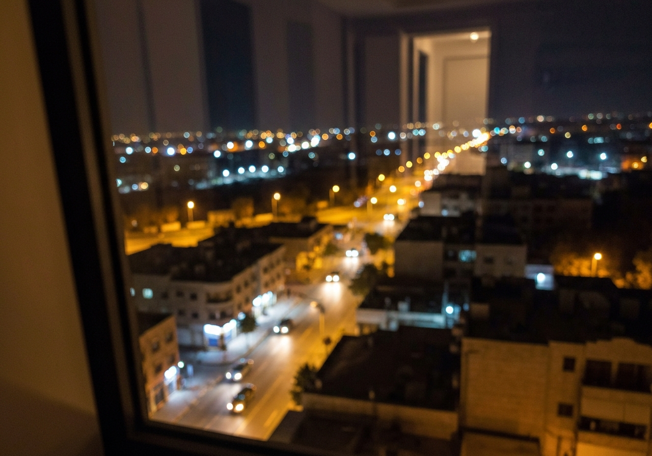 A candid, slightly blurry shot taken from a hotel window at night, looking down at the quiet, sparsely lit streets of Amman. The lights of the city are soft and diffused, with a sense of depth and distance. Shot on a smartphone, with a slight tilt and a hint of grain