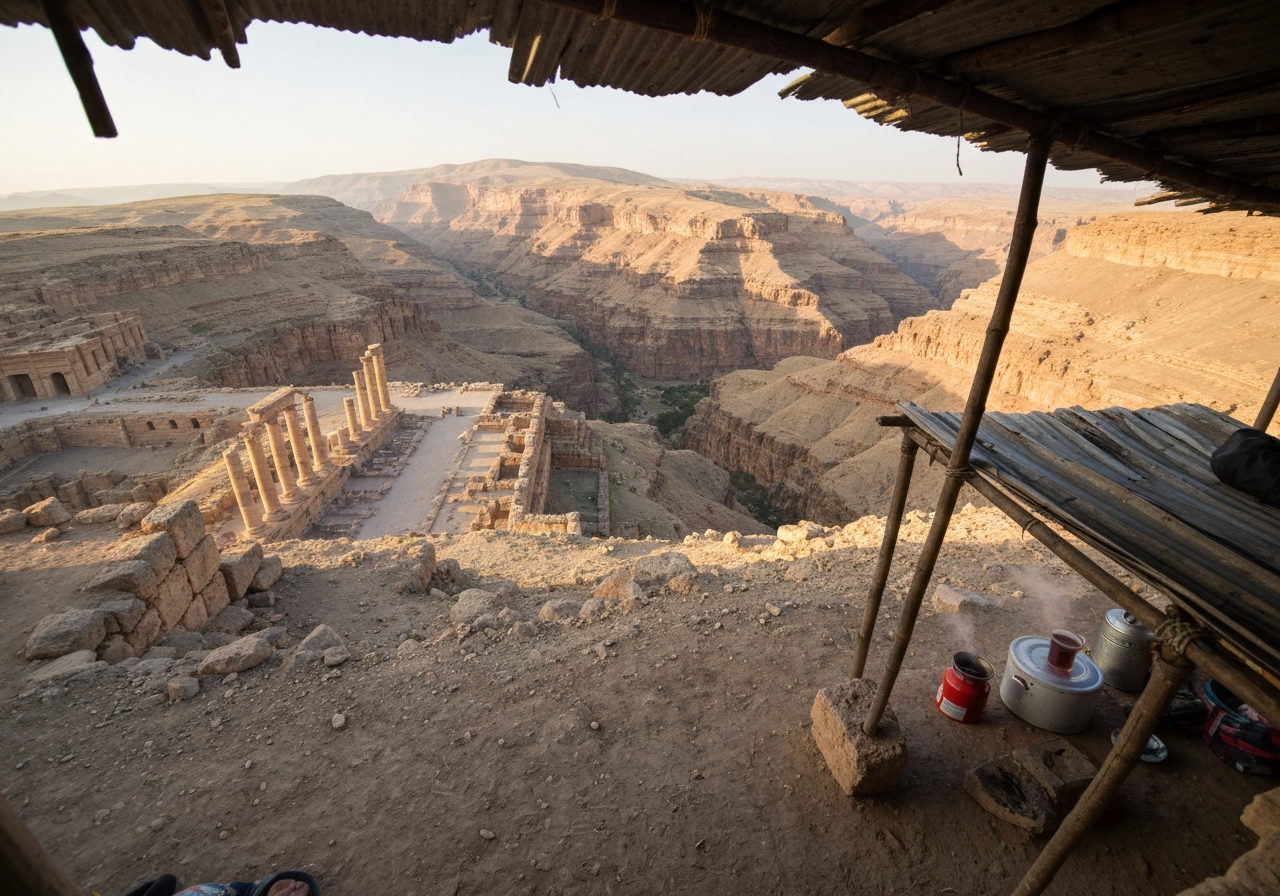 A wide-angle, slightly tilted smartphone photo capturing a panoramic view of an ancient archaeological site from a high vantage point. The scene shows weathered stone structures and canyons bathed in the warm, late afternoon light. In the foreground, a humble, makeshift shelter with a small camping stove and a steaming cup of tea is visible, hinting at a moment of quiet contemplation. The overall impression is one of vastness, history, and a personal, unscripted observation