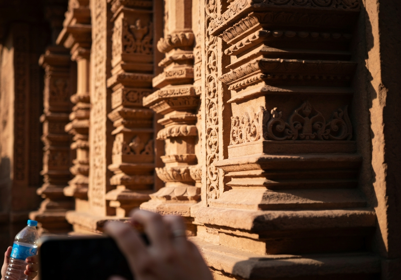 A close-up shot, taken with a smartphone, of the intricate, weathered carvings on a sandstone facade. The light is dappled, with some areas in shadow and others catching the warm afternoon sun, highlighting the texture of the stone. The focus is slightly soft, giving it a candid feel, with a hint of a person's hand or water bottle visible in the foreground, as if they just paused to capture the moment. No exaggerated colors, just natural light on ancient rock