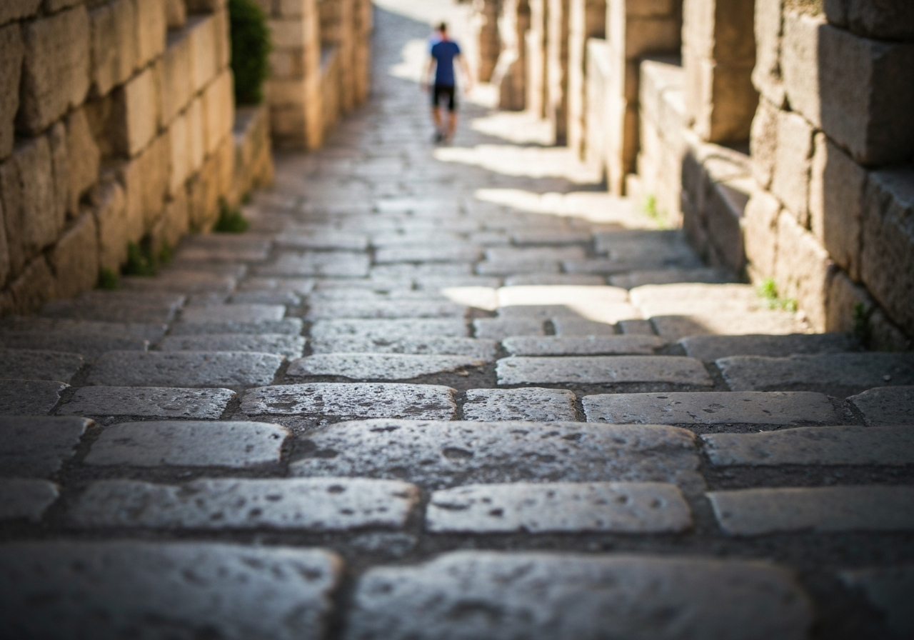 A slightly off-center, handheld shot of a worn stone staircase leading upwards in an ancient city. The steps are uneven and show signs of age, with dappled sunlight casting shadows. In the mid-ground, a lone figure is visible, perhaps pausing to catch their breath, adding a sense of scale and personal journey. The background is slightly blurred, focusing on the immediate path and the raw texture of the stone