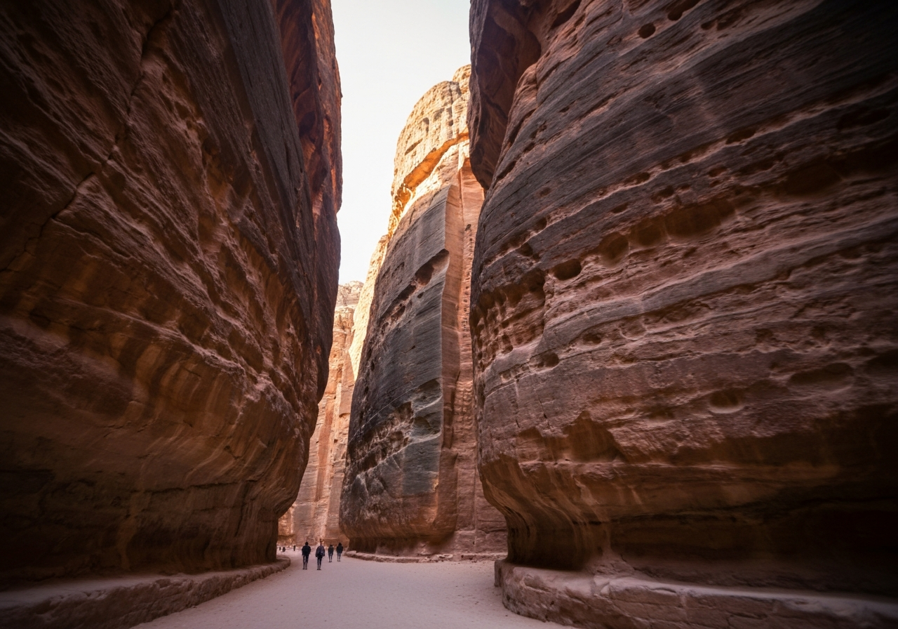 A candid, natural light shot taken inside the Siq of Petra early in the morning. The camera is angled slightly upwards, capturing the immense, textured sandstone walls bathed in a soft, warm glow. The path is mostly empty, with just a few distant figures walking, emphasizing the vastness and silence. The image should feel slightly underexposed, as if captured quickly to preserve the moment