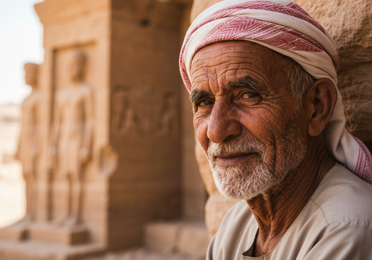 A candid portrait of an elderly Bedouin man with weathered skin and kind eyes, sitting in the shade of a rock formation near the Royal Tombs. He is looking slightly off-camera, with a gentle, knowing smile. The background is softly focused, showing ancient stone carvings and the warm, diffused light of midday. The image should feel intimate and unposed, capturing a moment of shared understanding