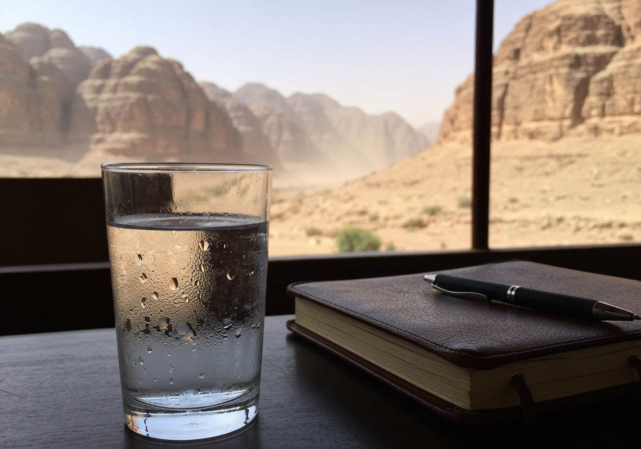 A close-up, slightly shaky smartphone photo taken from a shaded restaurant terrace. In the foreground, a glass of water with condensation beads, a worn leather-bound notebook, and a pen are visible. In the blurred background, the rugged, sun-baked mountains surrounding Wadi Musa can be seen, with a hint of dusty light. The overall feel is one of quiet contemplation and the lingering heat of the day