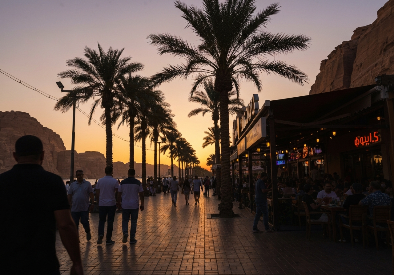 A candid, slightly off-center smartphone photo taken along the Aqaba Corniche at sunset. The image captures the movement of people walking, palm trees silhouetted against a warm, colorful sky, and the edge of a bustling seafood restaurant. The focus is on the lively, present-tense atmosphere, contrasting with the stillness of Petra. Shot with a modern smartphone, natural golden hour lighting, a sense of candid observation