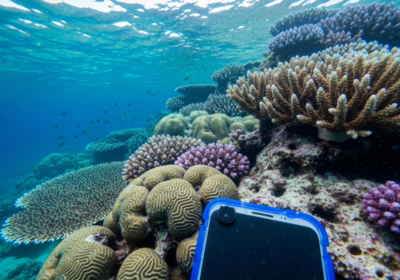 An underwater shot taken with a smartphone, showing vibrant and diverse coral formations in the Red Sea. Focus on the textures and colors of brain coral and staghorn coral, with hints of blue and purple hues. A school of small, indistinct fish might be visible in the background, but the emphasis is on the coral's intricate patterns. Shot with a waterproof phone case, natural light filtering from above, slight water distortion