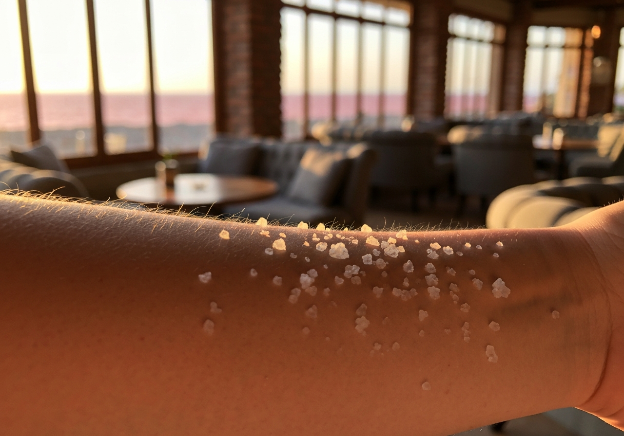 Close-up, slightly blurry smartphone photo of a forearm with dried salt crystals, catching the late afternoon sun. The background is a soft, out-of-focus impression of a cafe with hints of a red sea view. Natural, candid feel