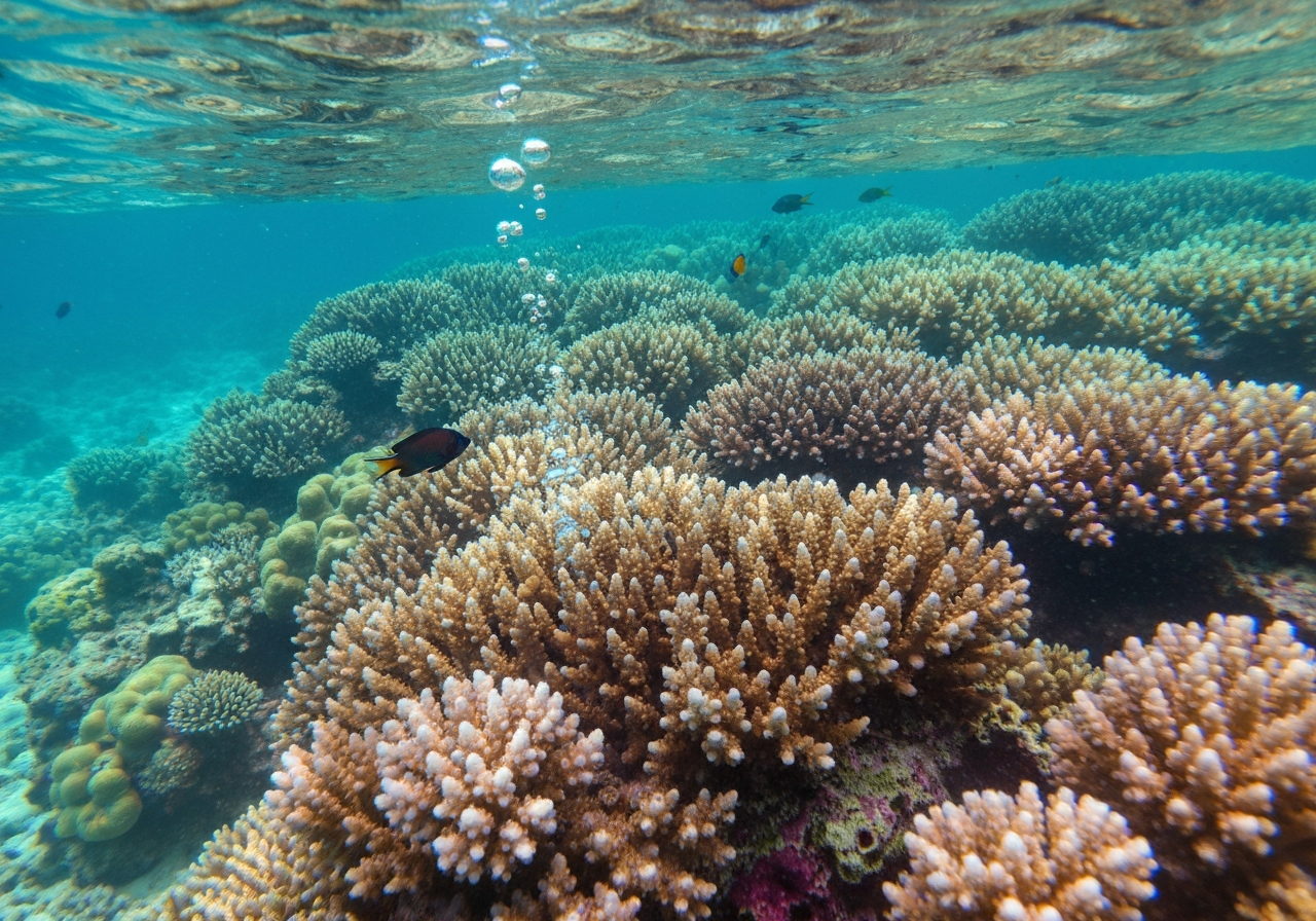 A candid, slightly off-center shot taken from above looking down at a vibrant coral garden underwater. Focus is on the intricate textures of the coral with a few small, colorful fish darting through. The light is dappled, showing the depth and movement of the water. Shot with a smartphone