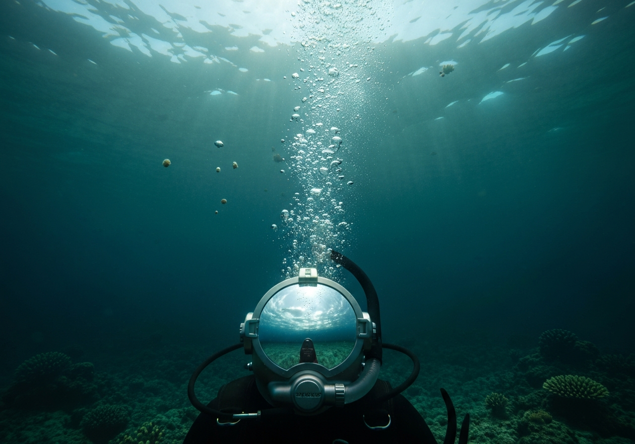 A slightly out-of-focus shot of a diver's exhaled breath bubbles rising through the water towards the surface, catching the light. The background shows the blurry, impressionistic shapes of coral and the muted blues and greens of the ocean. The image should convey a sense of calm and introspection, as if captured in a fleeting moment of observation