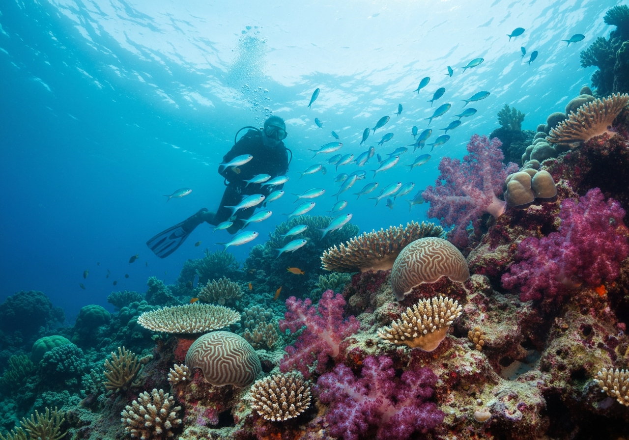 A candid shot from behind a diver, looking out at a colorful school of fish swimming through a coral garden. The water should have a slight haze, and the light should be dappled, creating a sense of depth and movement. The focus should be on the immersive experience of being underwater, not on the diver's face
