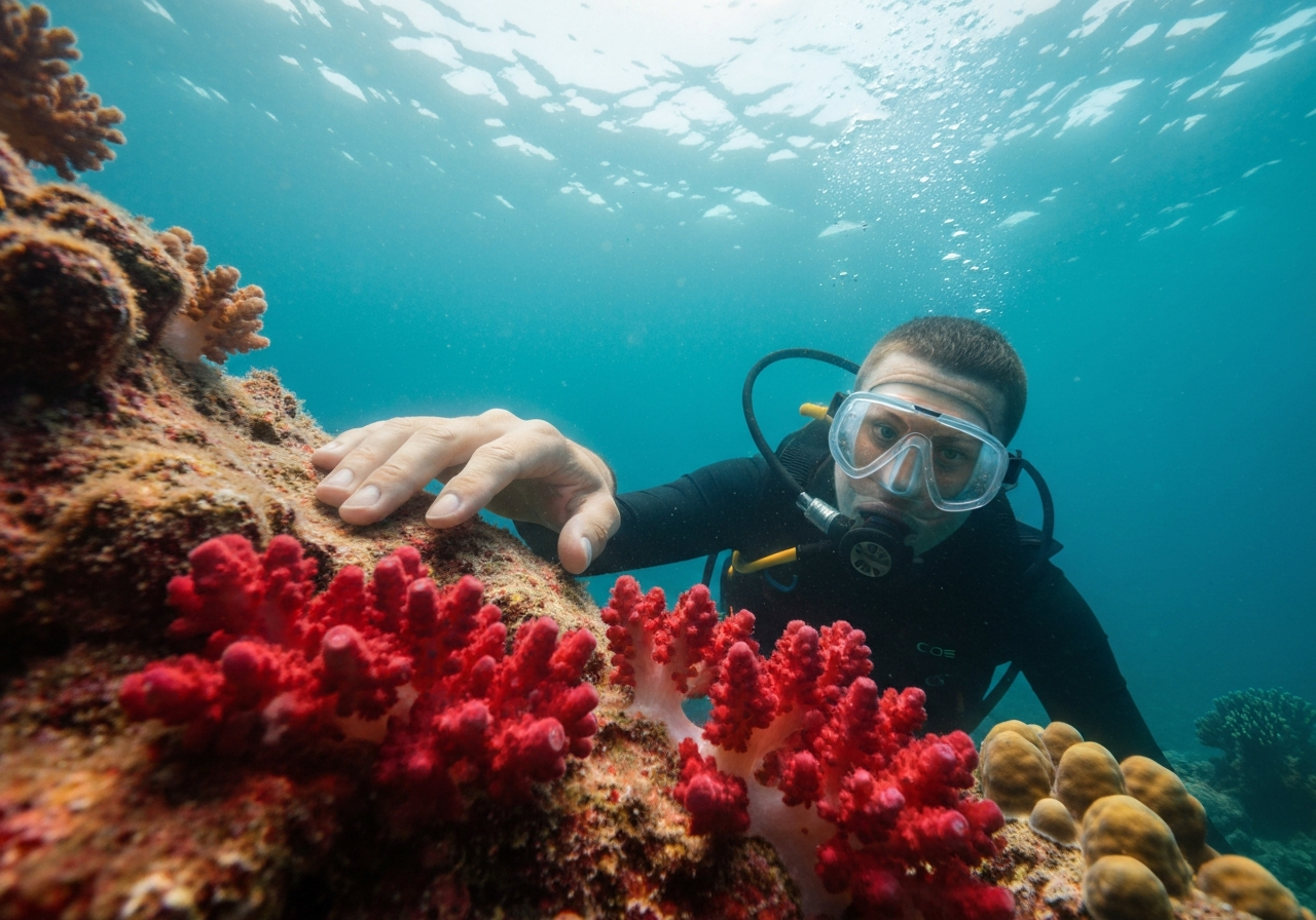 A close-up shot of a diver's hand gently touching a vibrant coral formation underwater, with soft, diffused sunlight filtering down. The image should feel spontaneous, like a quick snapshot taken with a smartphone during a dive. Focus on the textures of the coral and the muted colors of the underwater world. No posed subjects