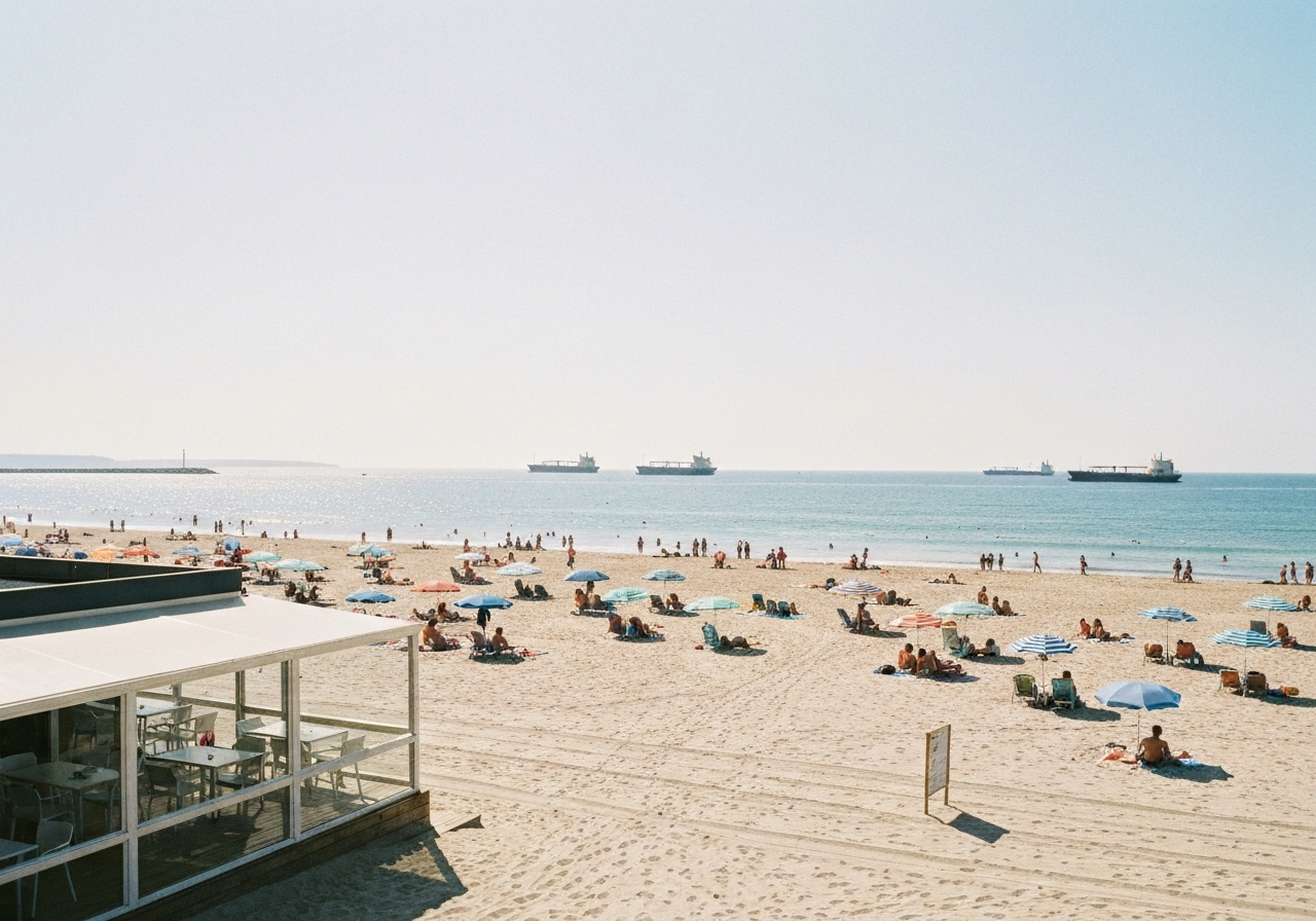 A wide shot taken from a beachside cafe, showing a diverse group of people – families, children playing, individuals relaxing – on a sun-drenched beach. In the distance, several cargo ships are visible on the horizon. The focus is on the everyday scene, with a sense of everyday life unfolding, captured with the authenticity of a smartphone photo