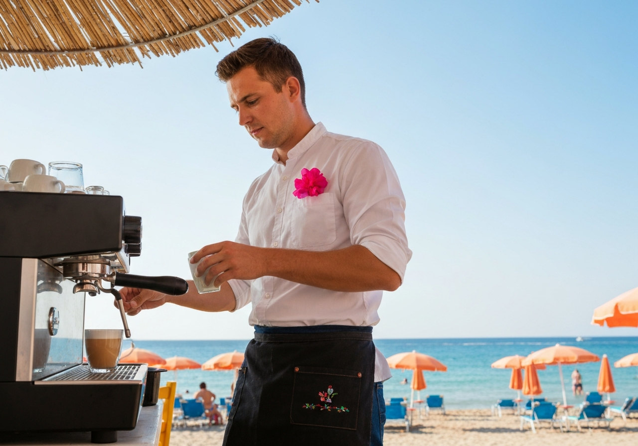 A close-up, slightly off-center photo of a waiter's hand placing a fresh coffee on a table at a beachside cafe. The background is softly blurred, showing glimpses of people enjoying the beach and the vast expanse of the Red Sea under a bright midday sun. The image should feel natural and unposed