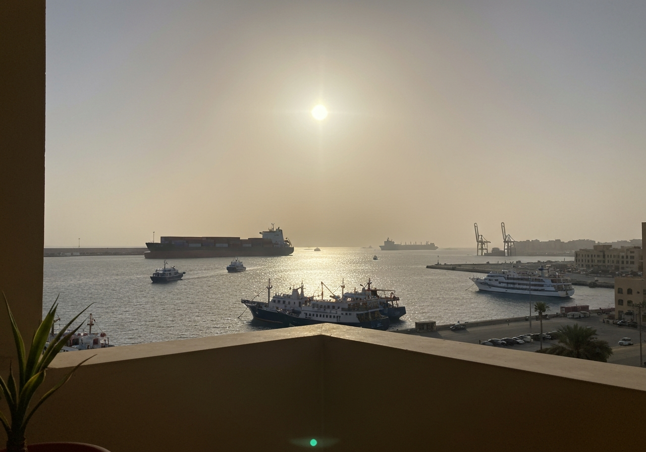 A view from a balcony in Aqaba, just as the sun is fully rising. The image captures the activity of a port in the distance – container ships, smaller fishing boats, and perhaps a few tourist vessels starting their day. The light is bright but not harsh, and the scene is slightly hazy, giving it an authentic, unposed feel. A corner of the balcony railing or a nearby potted plant might be visible in the foreground, suggesting it was taken spontaneously with a phone