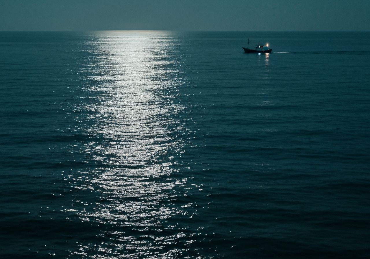 A close-up, slightly out-of-focus shot of the sea at night, captured from a balcony. The water is dark, with streaks of light from a distant cargo ship or port infrastructure reflecting on its surface. The sound of waves is implied by the atmosphere, not explicitly shown