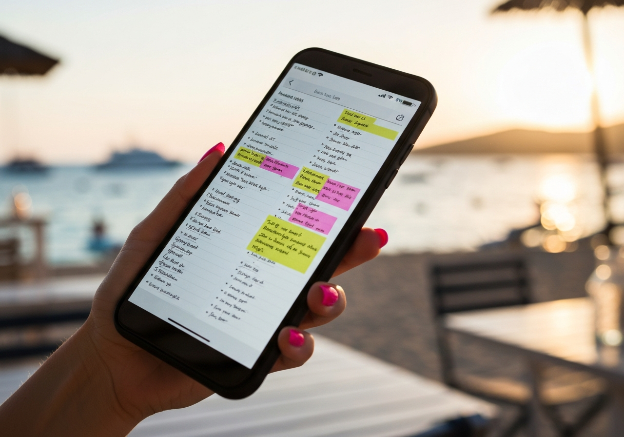A slightly tilted, close-up shot of a hand holding a smartphone displaying a chaotic screen of notes and lists. The background is a softly blurred beachside cafe scene, with hints of turquoise water and distant boats visible. The lighting is natural, late afternoon sun
