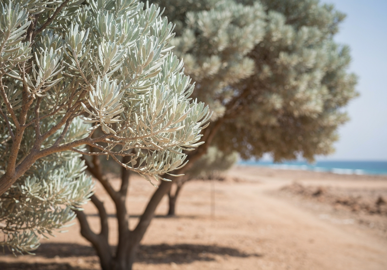 An authentic, slightly off-kilter photo of salt-tolerant trees with silvery leaves against a dusty, sun-drenched backdrop. The focus is on the texture of the leaves and the resilience of the branches, with a hint of the Red Sea or a dusty path in the background. The image should feel like it was taken on a casual walk, not a planned photoshoot