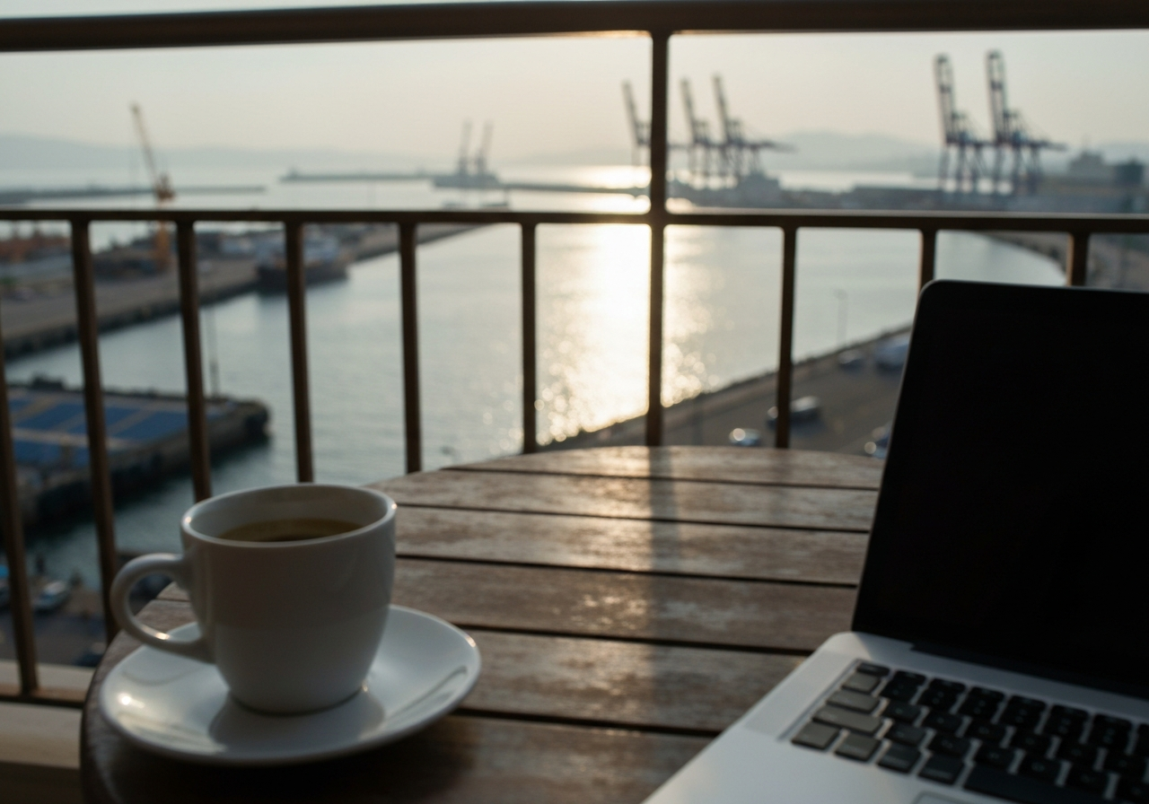 A slightly blurry, handheld smartphone photo taken from a balcony overlooking a bustling port in the early morning light. The water is calm, reflecting the nascent sun. A half-finished cup of coffee sits on a worn wooden table in the foreground, with a laptop open beside it. The overall mood is one of quiet contemplation and transition, with a sense of genuine, unposed reality