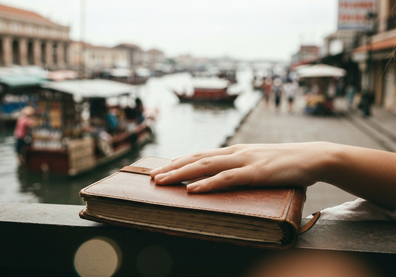 A close-up, slightly off-kilter smartphone photograph of a person's hands holding a travel guide or a notebook, with a blurred background of a vibrant, sun-drenched port scene. The focus is on the texture of the paper and the slight tremor of the hand, conveying a sense of thoughtful planning or reflection amidst the ongoing journey
