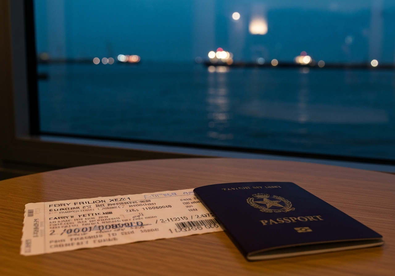 A close-up, slightly off-center photo of a ferry ticket and passport lying on a table next to a window. Through the window, the dark, still water of a port can be seen, with faint lights of ships in the distance. The image has a sense of quiet preparation and the feeling of being in an 'in-between' moment. Shot with a modern smartphone, natural and artificial light mix