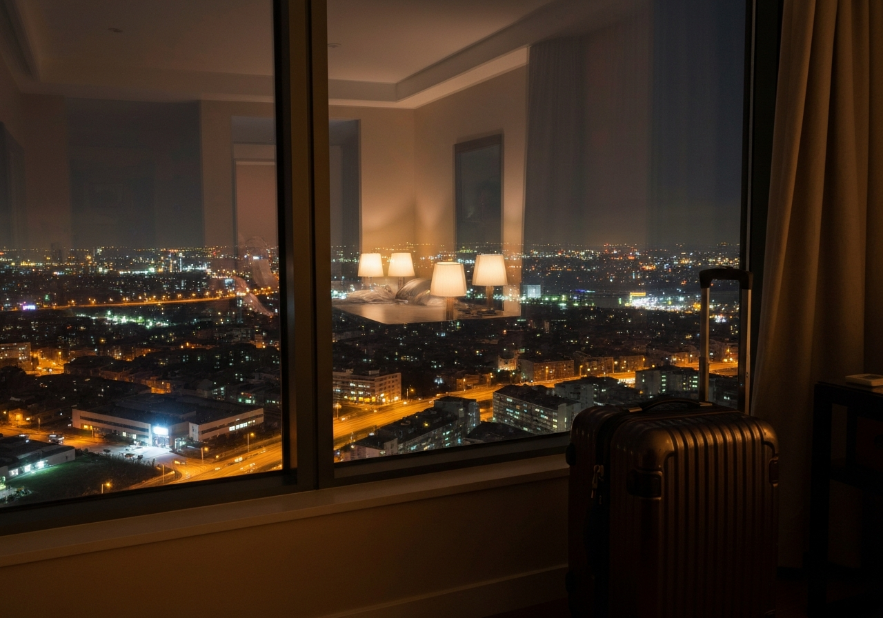 A candid, low-angle shot from a hotel room window at night. Bags are packed by the door, partially visible. The main focus is the port outside, with distant ship lights reflecting on the dark water. The mood is contemplative and slightly melancholic, with a sense of anticipation for the journey ahead. Shot with a modern smartphone, ambient light