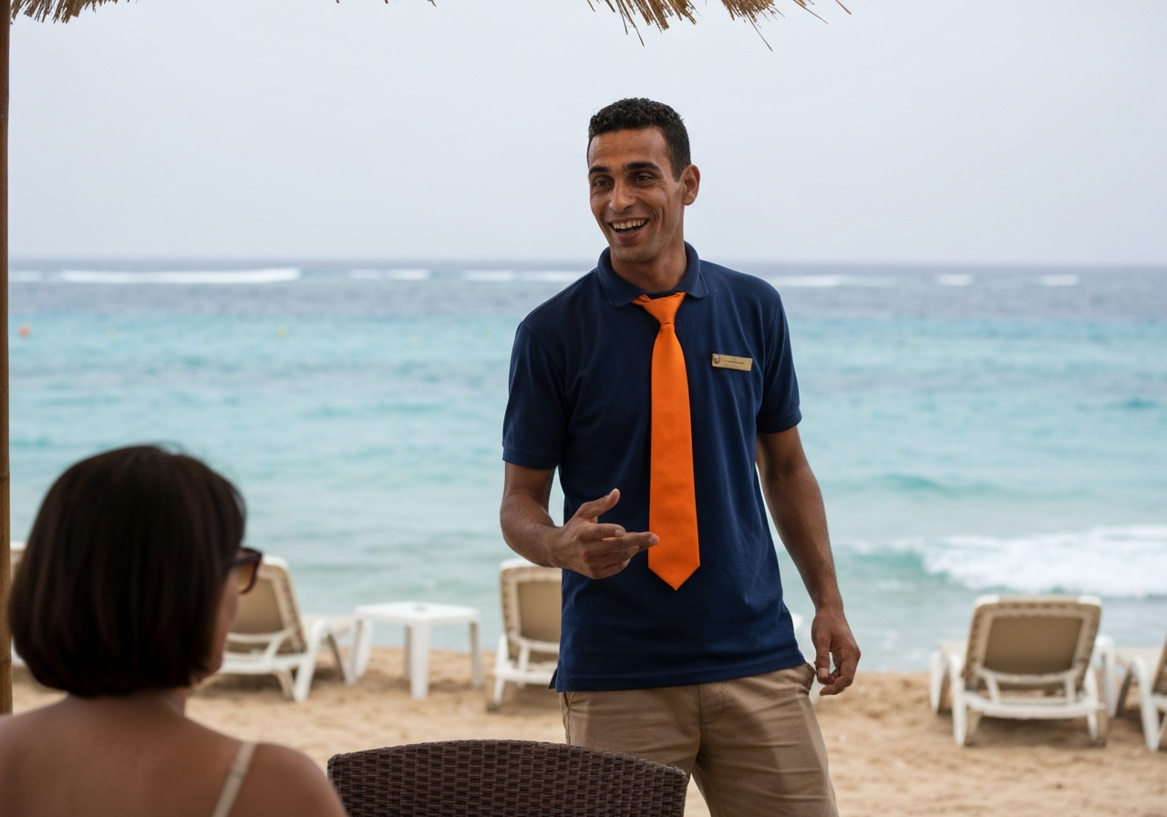 A candid shot of a waiter at a beachside cafe, mid-sentence, smiling warmly as he gestures subtly. The background shows the turquoise waters of the Red Sea and a few scattered beach chairs. The lighting is natural and slightly overcast, giving it an authentic, everyday feel