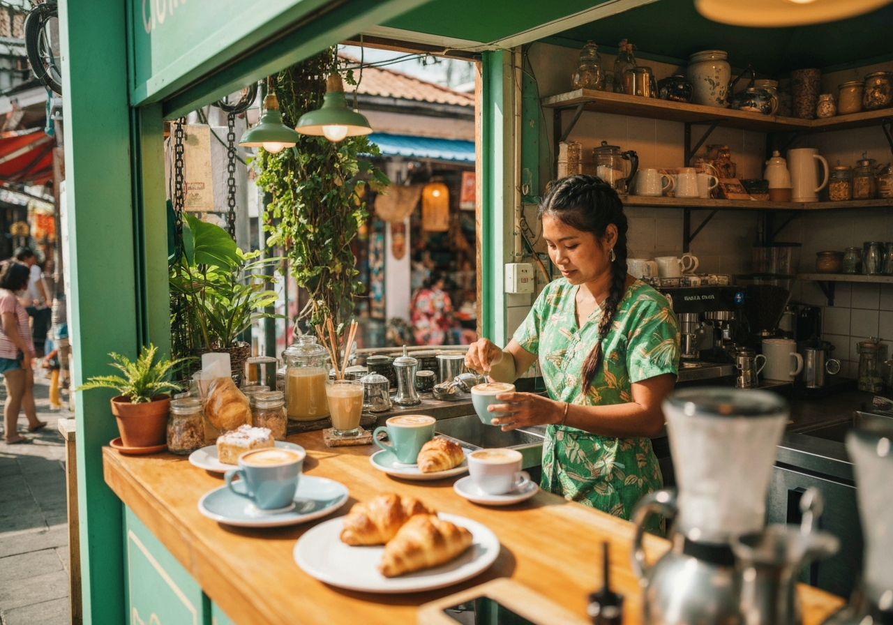 A close-up, slightly blurry smartphone photo of a small, thick, sweet coffee served in a clear glass cup on a worn café table. In the background, out of focus, a vendor's colorful fruit cart is visible through a window, with a hint of early morning Cairo street life