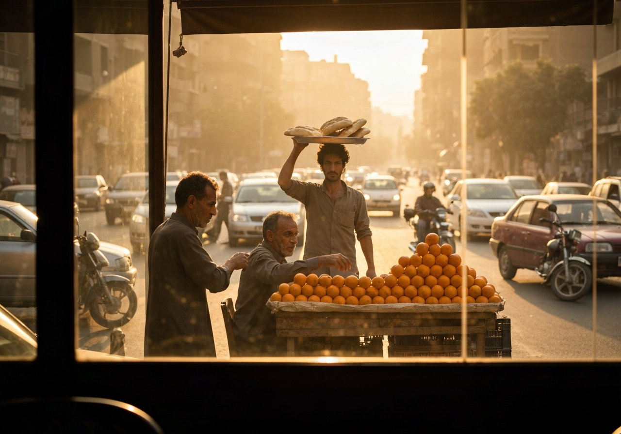 An authentic, candid smartphone shot looking out a café window. The focus is on the dusty, sunlit Cairo street with visible morning traffic, a fruit vendor arranging oranges, and a man carrying a tray of bread on his head. The light is warm and slightly hazy